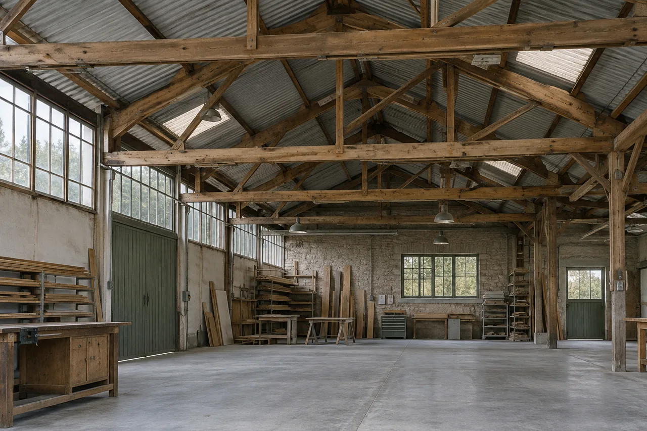 Intérieur d’un atelier ancien avec grandes fermes en bois et lumière naturelle