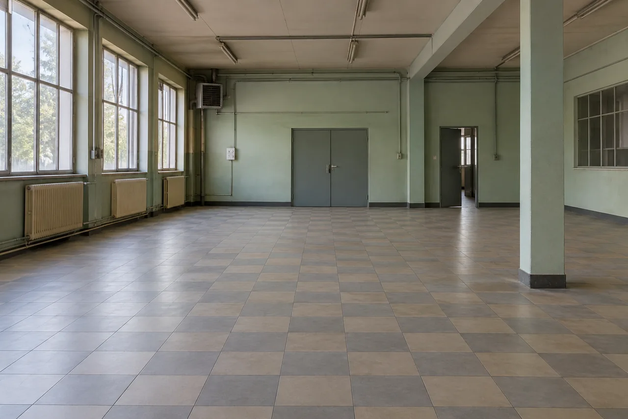 Pièce vide d’un ancien atelier avec sol en carreaux gris et beiges intacts