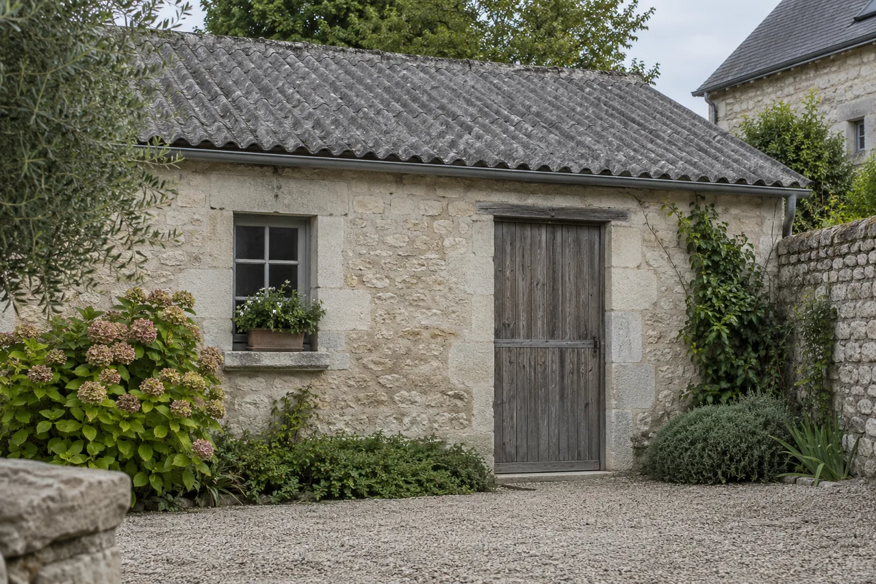 Petite dépendance en pierre avec porte en bois et toiture ondulée dans une cour
