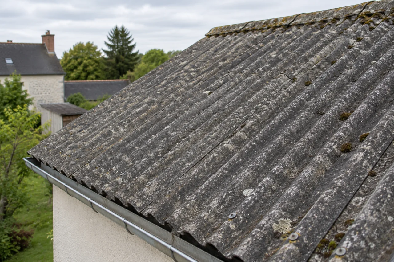 Vue rapprochée de plaques ondulées grises patinées sur une ancienne couverture