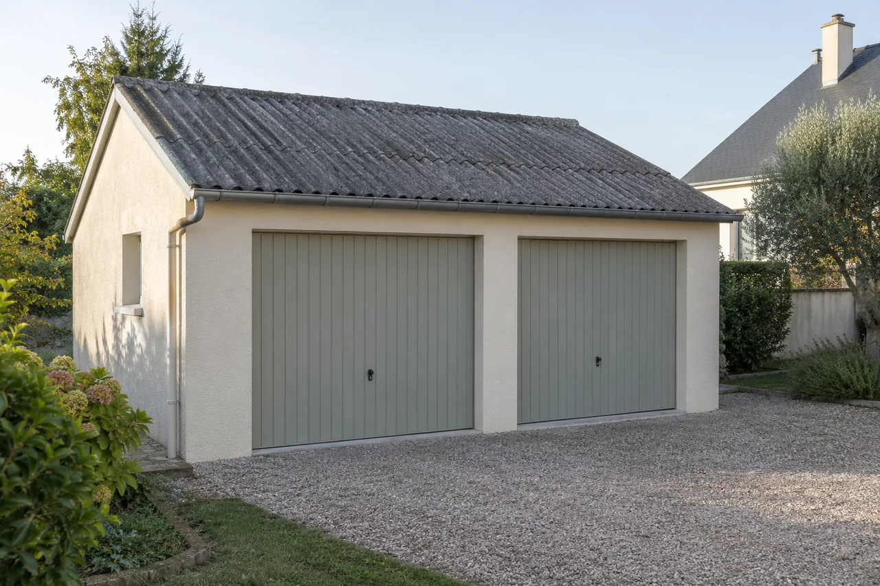 Garage indépendant à deux portes grises sous une couverture ondulée ancienne