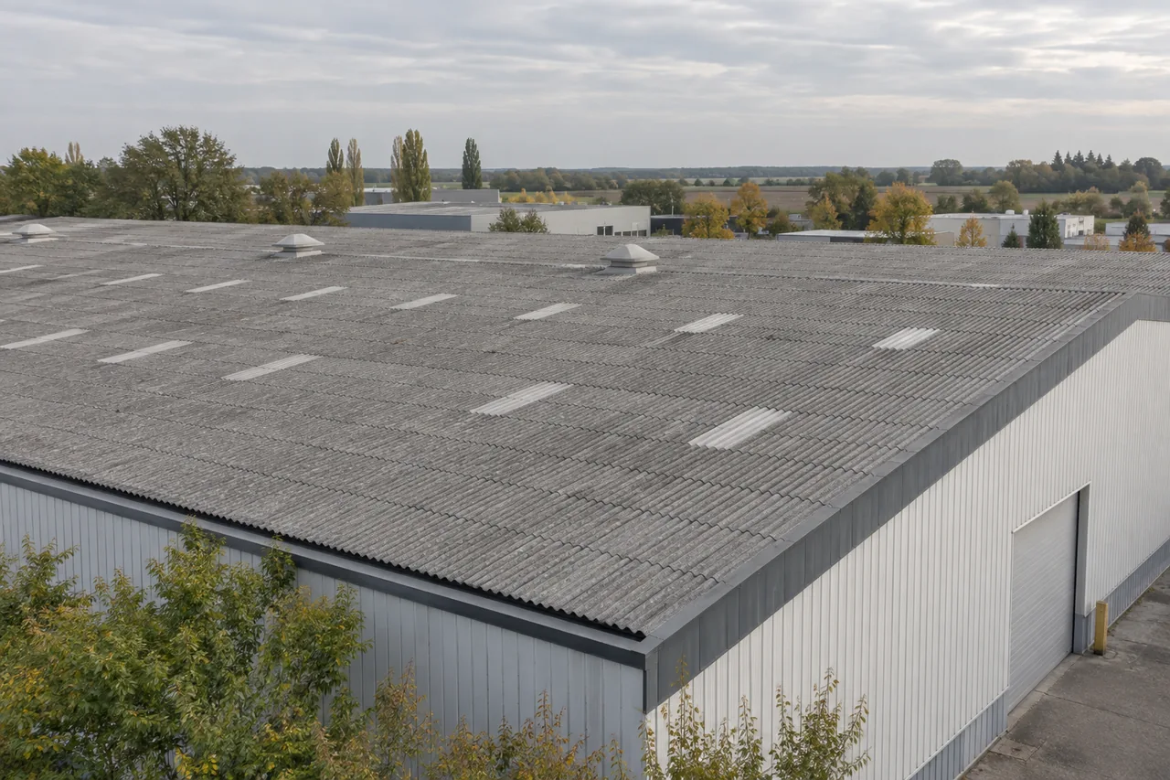 Large toiture grise ondulée d’un bâtiment industriel vue depuis un emplacement voisin