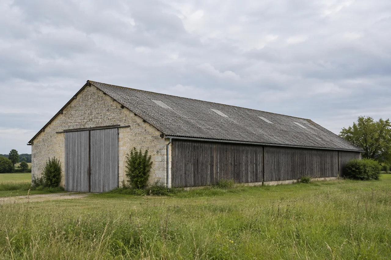 Grand hangar en pierre et bois couvert de plaques ondulées grises dans une campagne plane