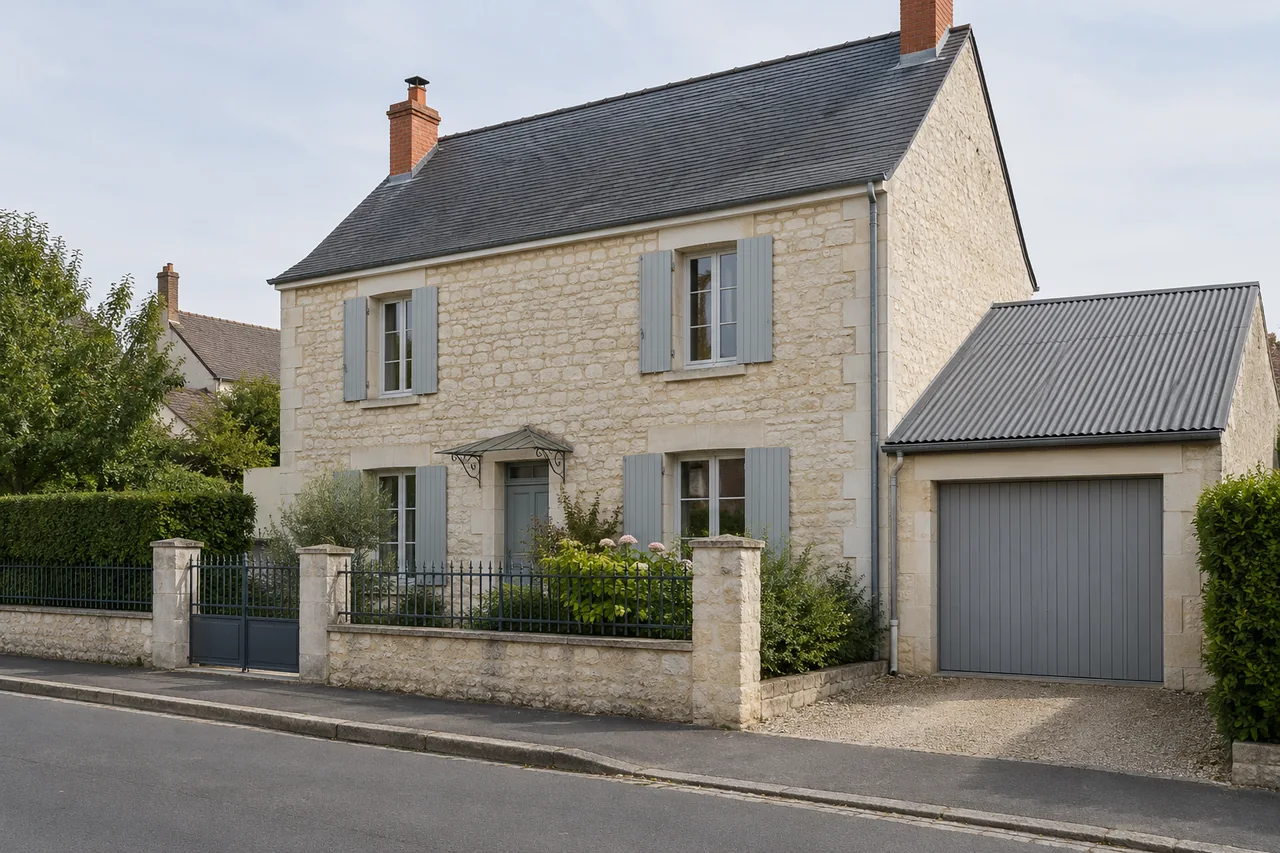 Maison en pierre avec un garage attenant et sa couverture distincte