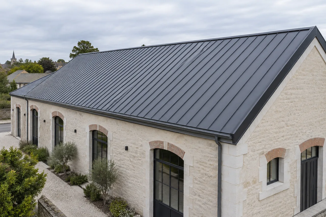 Couverture métallique anthracite sur un bâtiment rénové aux murs clairs