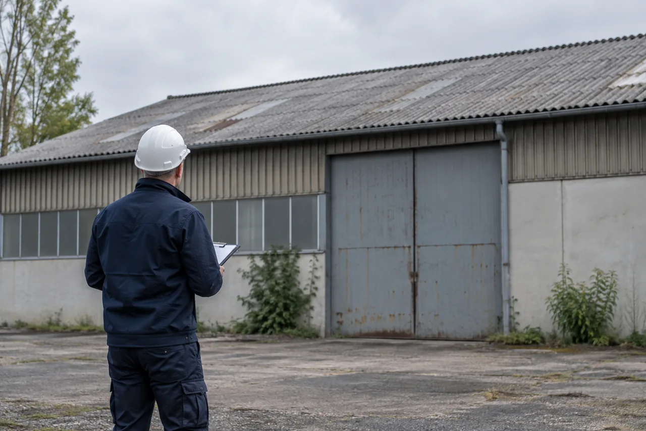 Professionnel vu de dos observant un bâtiment depuis le sol avec un dossier à la main