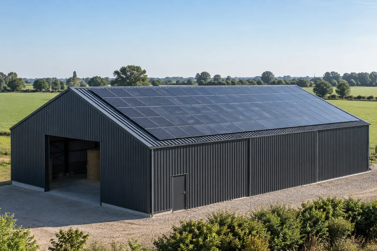 Panneaux photovoltaïques posés sur la couverture métallique neuve d’un hangar