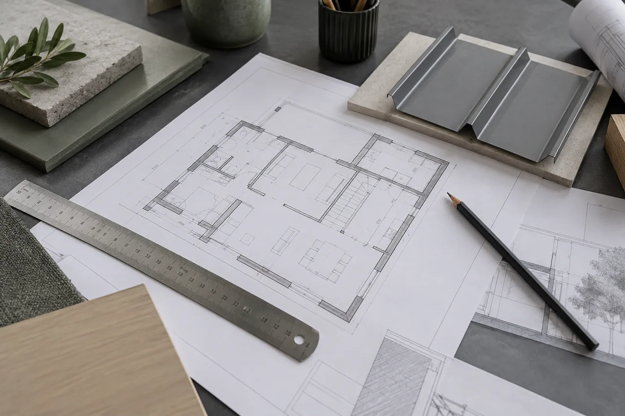 Plans de bâtiment, règle et échantillon de couverture métallique sur une table