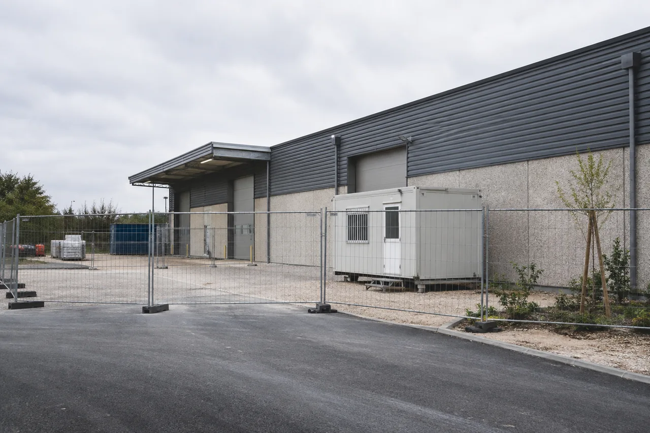 Cour de bâtiment délimitée par une clôture de chantier avec installation temporaire