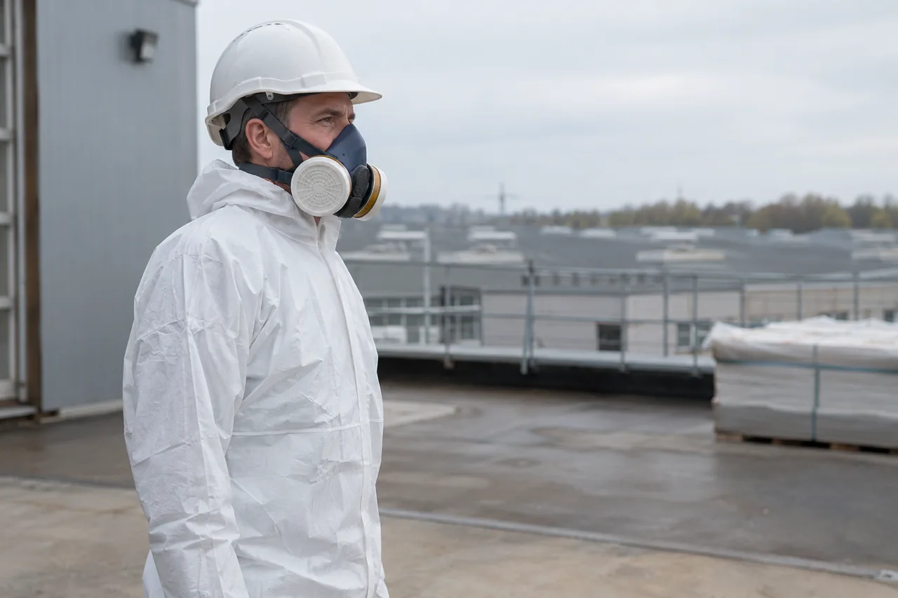 Professionnel portant casque, combinaison et protection respiratoire dans une zone extérieure