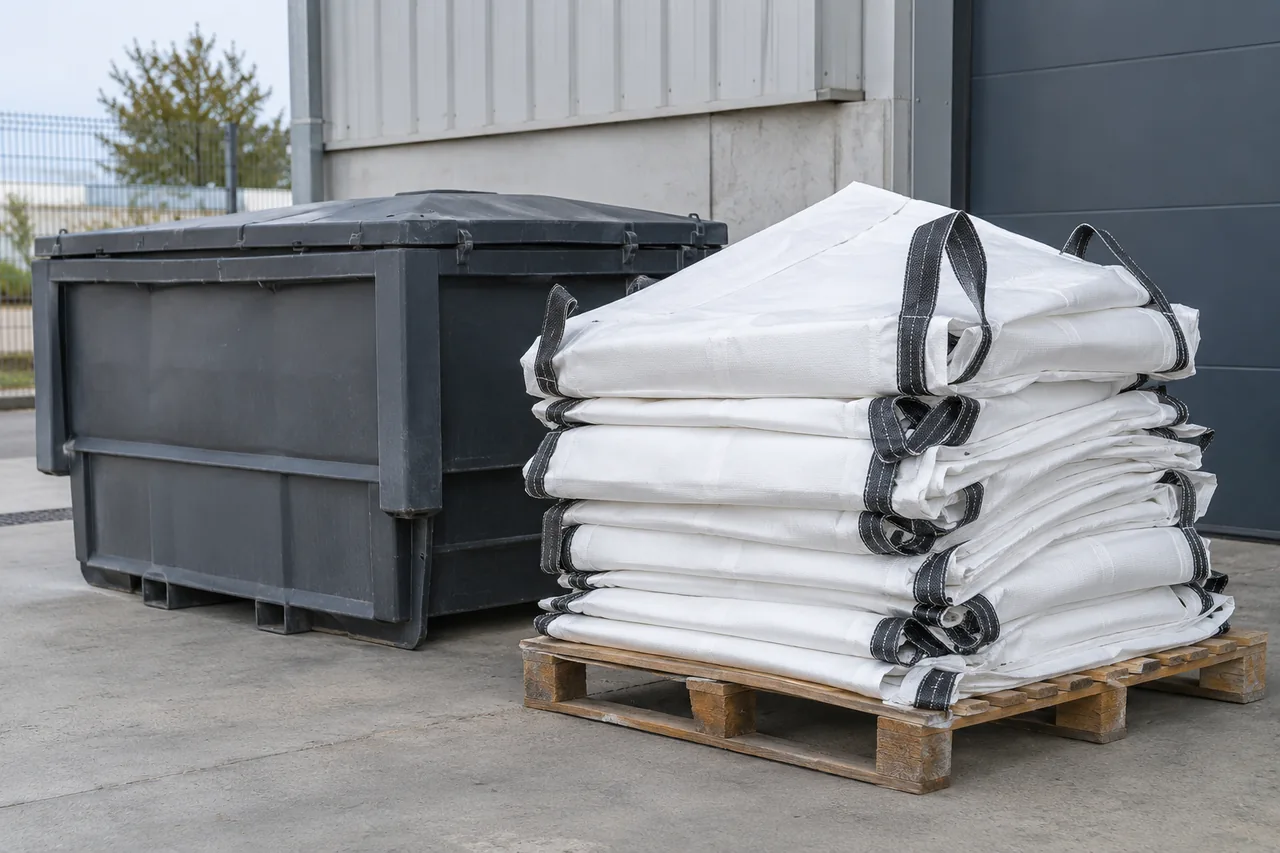 Sacs industriels blancs vides et pliés sur une palette près d’un conteneur fermé